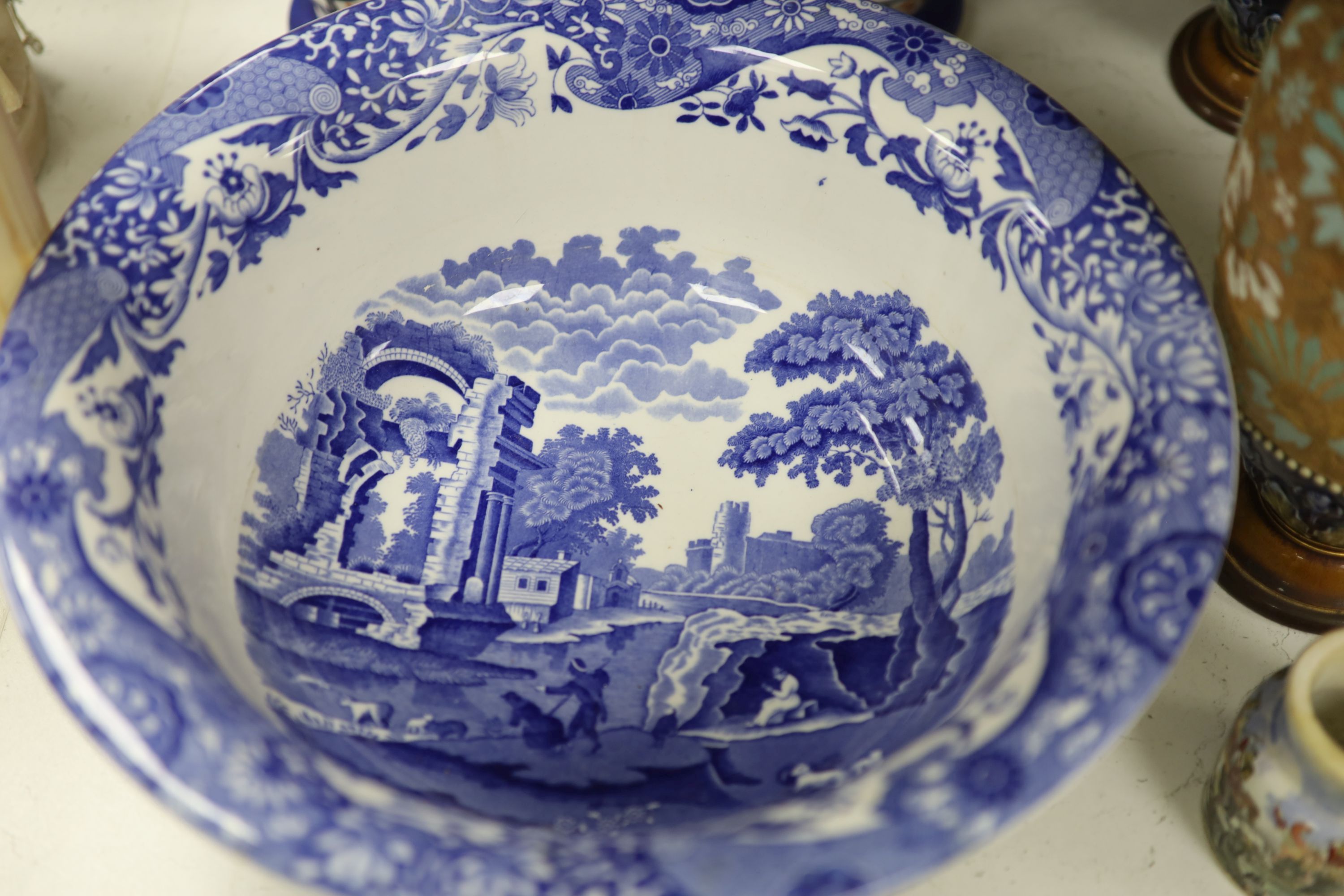 A pair of French Imari patterned vases, a blue and white Spode Italian bowl, diameter 36cm, etc.